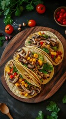 Savory vegetarian tacos with mushrooms and fresh vegetables on wooden board