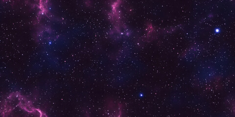 Seamless space texture background. Stars in the night sky with purple pink and blue nebula. A high resolution astrology or astronomy backdrop pattern.