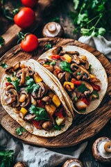 Delicious vegetarian tacos with fresh vegetables and mushrooms served
