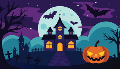 Fototapeta premium Spooky Halloween background Haunted House with Full Moon and Bats Vector Illustration