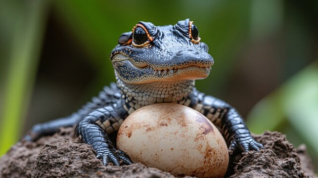 Baby american alligator hatchling resting on egg in swamp