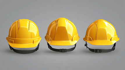 This 3D realistic illustration features a protective yellow helmet, designed for workers in various fields such as industry, construction, service, engineering, and architecture. The helmet is rendere