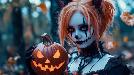 Gothic woman in eerie makeup holding a carved pumpkin with a sinister grin, set against a moody, autumnal background.