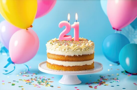 delicious birthday cake on plate with lighted candle in shape of number twenty one with balloons