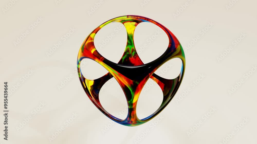 Poster abstract hollow rainbow cube with holes rotates on light background. 3d render looped animation