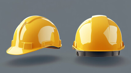 This 3D realistic illustration features a protective yellow helmet, designed for workers in various fields such as industry, construction, service, engineering, and architecture. The helmet is rendere