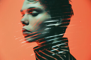 Modern portrait with abstract red and black stripes overlay