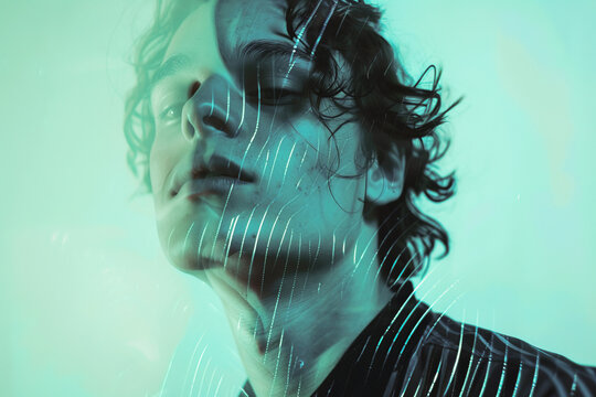 Surreal portrait of young person with neon lighting effects