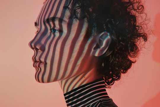 Artistic profile of a woman with shadow stripes on her face