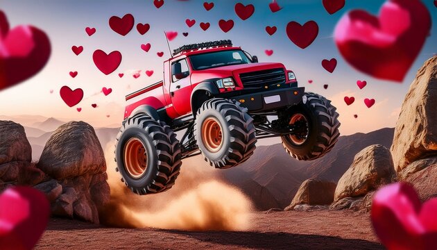 Red monster truck in desert with hearts on valentine's day