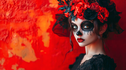 A woman in traditional Day of the Dead makeup, wearing a black lace dress and a floral crown, standing against a vibrant red wall, embodying both elegance and eeriness.