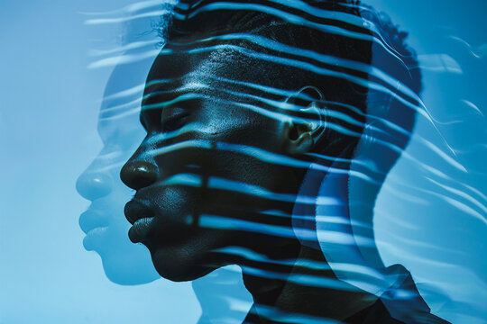 Ethereal double exposure portrait in blue tones