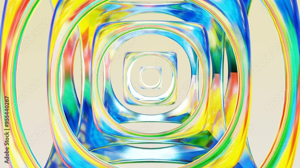 Poster abstract hollow rainbow cubes with holes of different sizes rotate. 3d render looped animation