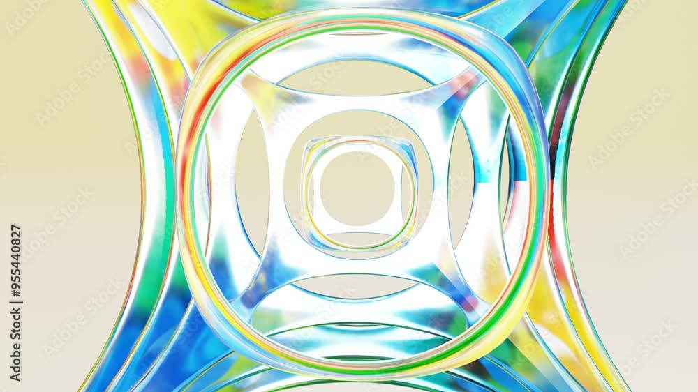 Poster abstract hollow rainbow cubes with holes of different sizes rotate. 3d render looped animation