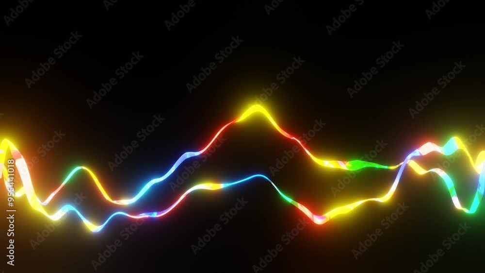 Poster a round ribbon glowing in different colors is deformed on a black background. 3d render looped anima