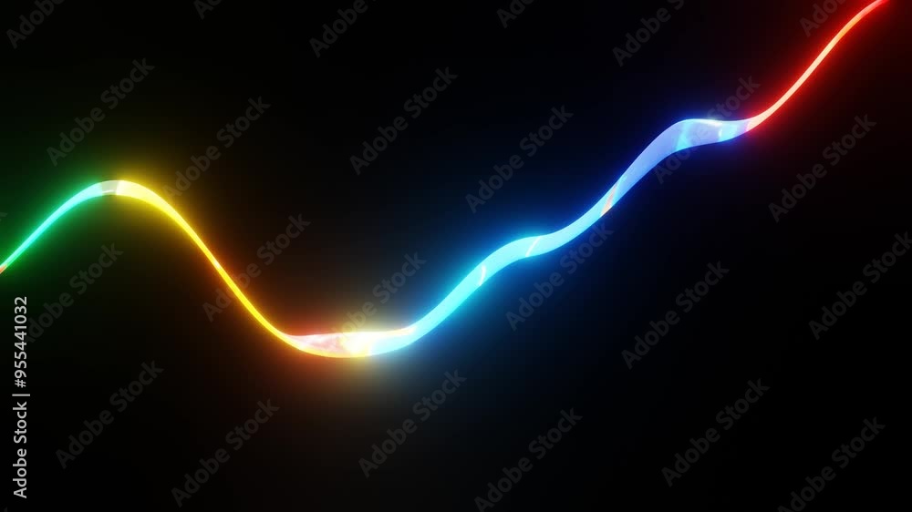 Poster a round ribbon glowing in different colors is deformed on a black background. 3d render looped anima