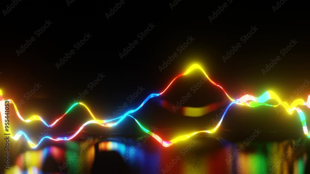 Poster a round ribbon glowing in different colors is deformed on a black background. 3d render looped anima