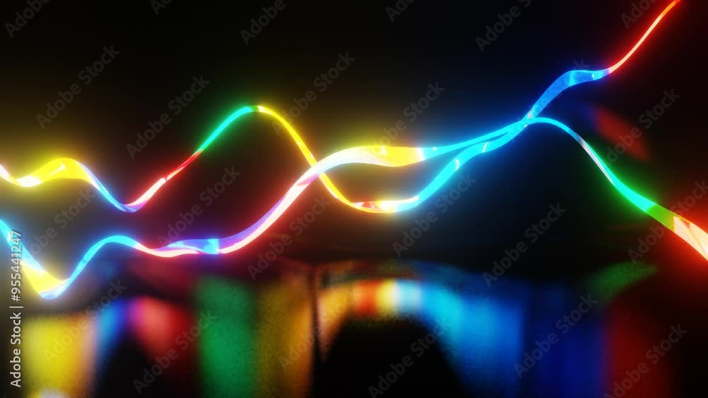 Poster a round ribbon glowing in different colors is deformed on a black background. 3d render looped anima