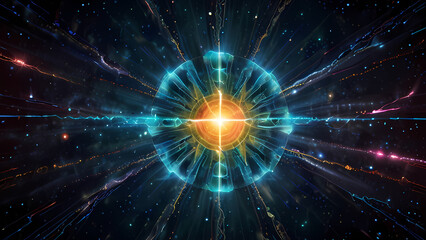 Fototapeta premium An abstract digital illustration representing positive and negative ions in a cosmic field, with vibrant electric arcs and glowing particles, creating a sense of energy flow and balance