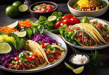 bright colorful quick service meals featuring vibrant variety ingredients dishes appealing culinary experience, appetizing, balanced, comfort, creative