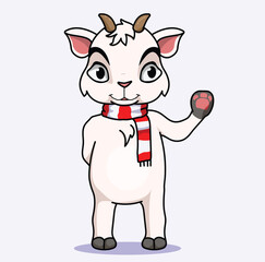Chibi Goat Character with Scarf Waving in Winter-Themed Illustration