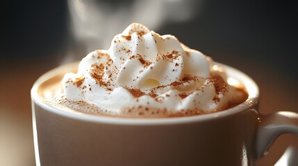 A close-up of a steaming cup of coffee with a dollop of whipped cream and a sprinkle of cinnamon