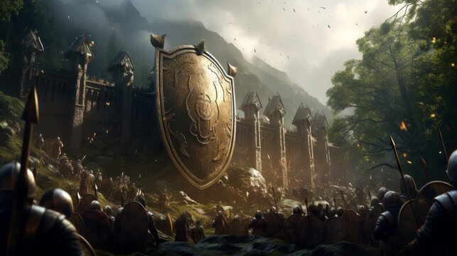 Fierce viking warriors courageously forming an unbreakable shield wall for battle formation