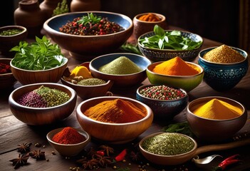 Fototapeta premium vibrant display colorful dishes spices arranged rustic wooden table inviting culinary experience, artistry, arrangement, aroma, appetizing, assortment, banquet