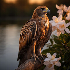 Fototapeta premium A single majestic eagle perches proudly at the very top of a tall tree, its powerful presence commanding attention. The eagle’s sharp eyes and commanding beak are prominently displayed, while its feat