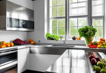 spotless kitchen displaying fresh produce safety seals countertops surrounded modern appliances clean utensils, baskets, cleanliness, colors, comfort