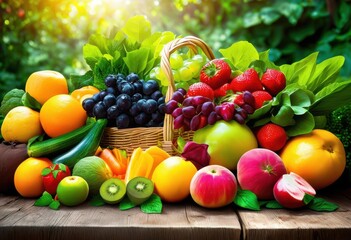 colorful fresh produce displayed amidst lush greenery natural outdoor setting, abundance, arrangement, autumn, botanical, culinary, delicious, edible, farm