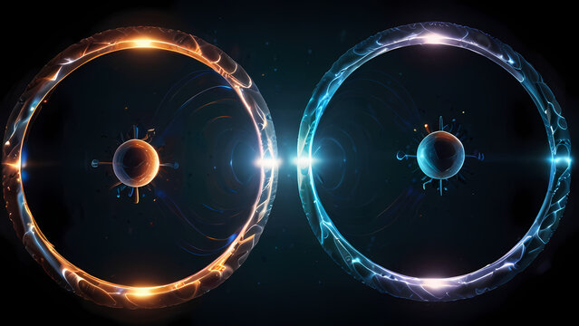 A futuristic abstract scene where negative and positive ions are visualized as floating orbs surrounded by energy waves, with a dark background highlighting the contrast between opposing forces