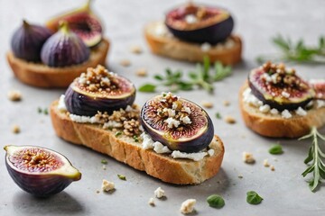 Fig and Goat Cheese Crostini: A single crostini topped with goat cheese, fig slices, and a sprig of herbs, placed on a plain white surface