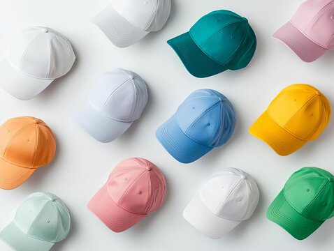 Flat lay of multiple baseball caps in different colors, arranged neatly, perfect for fashion and merchandise branding mockups, isolated