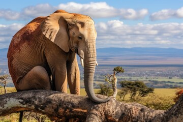 Obraz premium Lonely elephant perched on a tree, thoughtfully gazing at the breathtaking landscape below