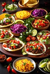 colorful taco platter displaying fresh ingredients including garnishes attractive arrangement, vegetables, salsa, guacamole, cilantro, lime, onion, tomato