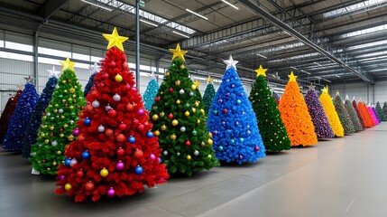 Fototapeta premium A row of colorful Christmas trees are lined up in a warehouse. The trees are of different colors and sizes, and they are all decorated with lights and ornaments. The scene conveys a festive