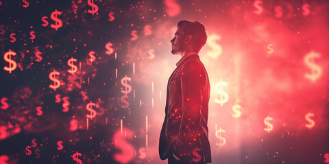 Businessman portrait, financial charts background, dollar signs
