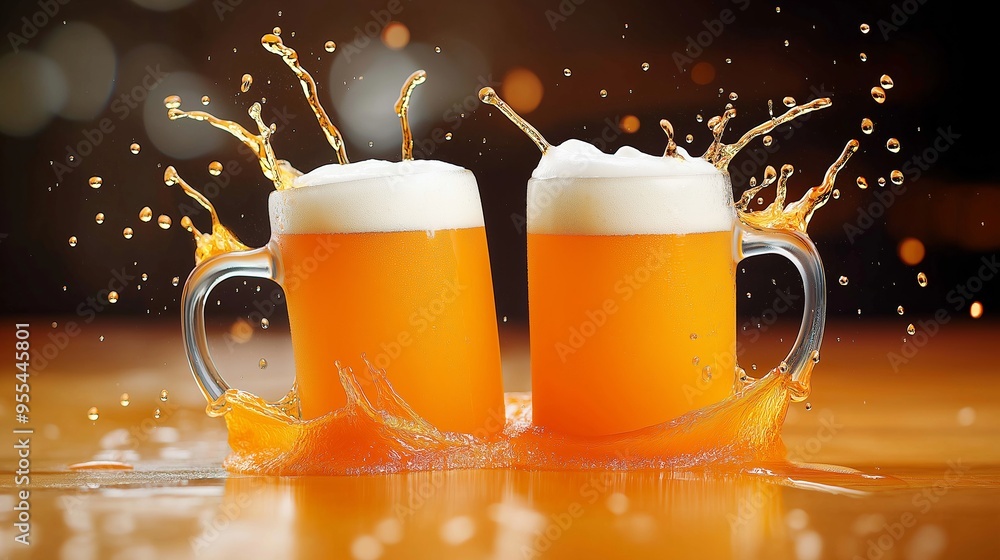 Poster two glasses of beer with foam on top and a splash of liquid on the table. concept of fun and enjoyme