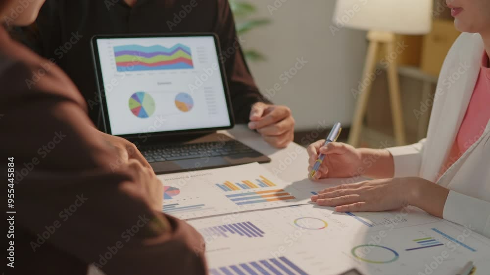 Poster close up of hands teamwork business group are meeting working calculate and brainstorming about busi
