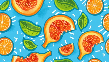 A vibrant pattern featuring sliced guavas and oranges with green leaves on a blue background, ideal for food-related designs.