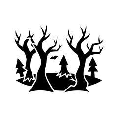 Silhouette of Haunted Forest with Bare Trees, Halloween Spooky Woods