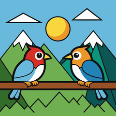 Mountain Perch Vector Illustration of Two Birds on a Branch