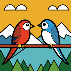 Mountain Perch Vector Illustration of Two Birds on a Branch