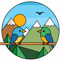 Mountain Perch Vector Illustration of Two Birds on a Branch