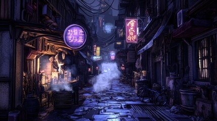 The narrow alleyway features glowing neon signs, brick walls, and scattered fog, creating an atmosphere of intrigue during nighttime