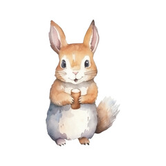 Watercolor little squirrel eating vector illustration, white background