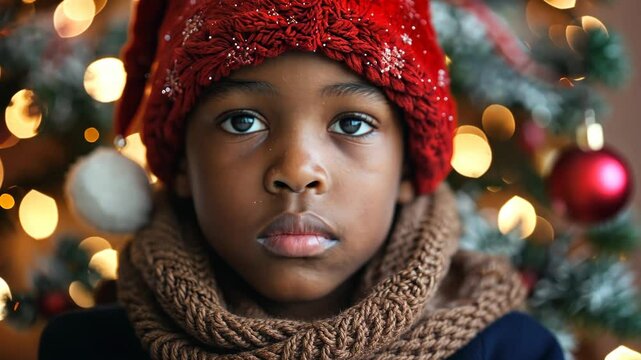 A young African boy gazes seriously, wearing a festive hat and scarf