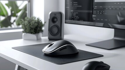 A sleek wireless mouse with customizable buttons, positioned next to a high-definition monitor.