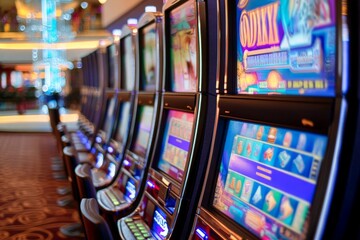 Naklejka premium Vibrant Row of Casino Slot Machines in Luxurious Gambling Hall